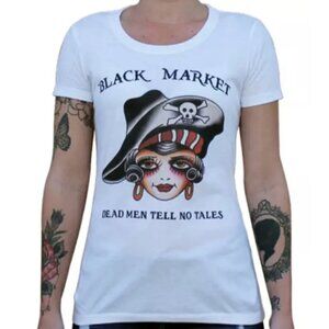 Dead Men Tell No Tales Women's White Pirate Gal Tattoo Art Tee S-M-L-XL NWT